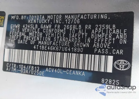 2007 Toyota Camry Le from USA, damaged, VIN 4T1BE46K67U641890